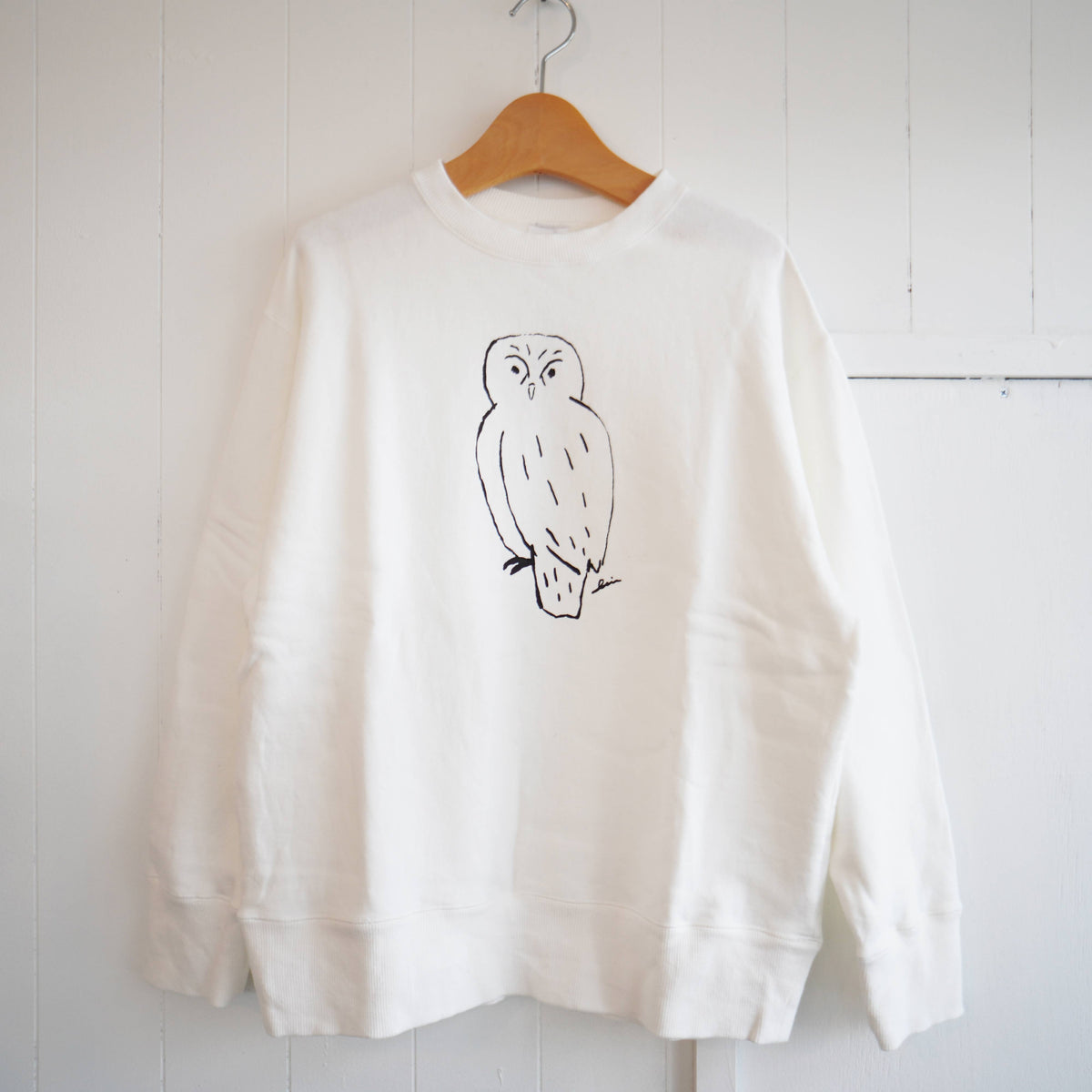 フクロウ柄 長袖シャツ ホワイト 高島縮 20/20 グランシャツワンピース 6分袖／ふくろう